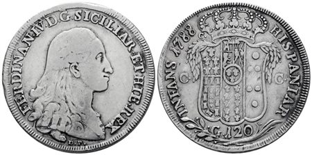NAPOLI. REGNO DI NAPOLI. Ferdinando IV di Borbone (1759-1799 I per.). Piastra 120 grana 1788 DP. Ag; 27,5gr; Gig.51b; ; BB