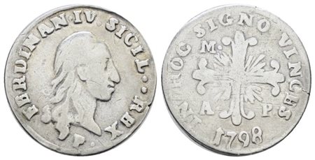 NAPOLI. REGNO DI NAPOLI. Ferdinando IV di Borbone (1759-1799 I per.). Carlino 10 grana 1798 "..". Ag; 2,2gr; Gig.110a; RR; Q.BB