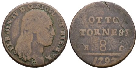 NAPOLI. REGNO DI NAPOLI. Ferdinando IV di Borbone (1759-1799 I per.). 8 tornesi 1797. Cu; 16gr; Gig.115; MB