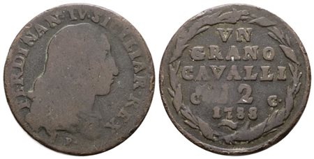 NAPOLI. REGNO DI NAPOLI. Ferdinando IV di Borbone (1759-1799 I per.). Grano 12 cavalli 1788. Cu; 6gr; Gig.137; Raro; MB