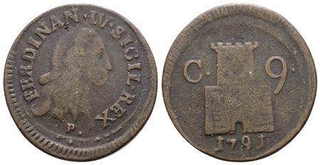 NAPOLI. REGNO DI NAPOLI. Ferdinando IV di Borbone (1759-1799 I per.). 9 cavalli 1791. Cu; 4,7gr; Gig.150; BB, interessante e lieve decentratura