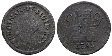 NAPOLI. REGNO DI NAPOLI. Ferdinando IV di Borbone (1759-1799 I per.). 9 cavalli 1791. Cu; 4,7gr; Gig.150; MB/BB