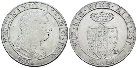 NAPOLI. REGNO DI NAPOLI. Ferdinando IV di Borbone (1799-1805 II per.). Piastra 120 grana 1805 "Capelli ricci". Ag; 27,5gr; Gig.71c; Raro; BB+