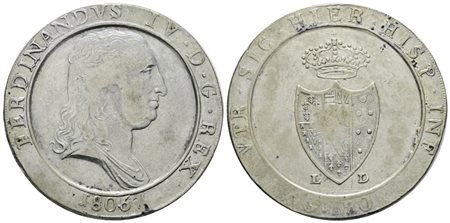 NAPOLI. REGNO DI NAPOLI. Ferdinando IV di Borbone (1799-1805 II per.). Piastra 120 grana 1805 "Capelli lisci". Ag; 27,5gr; Gig.72 1; NC; BB
