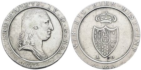 NAPOLI. REGNO DI NAPOLI. Ferdinando IV di Borbone (1799-1805 II per.). Piastra 120 grana 1805 "Capelli lisci". Ag; 27,5hr; Gig.72b; NC; BB