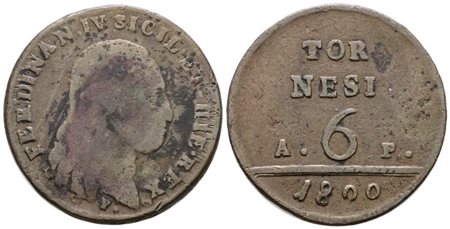 NAPOLI. REGNO DI NAPOLI. Ferdinando IV di Borbone (1799-1805 II per.). 6 tornesi 1800 AP. Cu; 18,5gr; Gig.118a; Raro; MB/BB