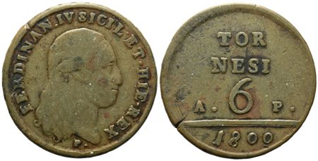 NAPOLI. REGNO DI NAPOLI. Ferdinando IV di Borbone (1759-1799 I per.). 6 tornesi 1800 "A.P.". Cu (20,11 g; 33,7 mm).Gig. 118a. Raro. MB/BB 