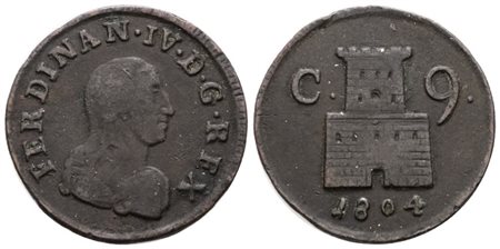 NAPOLI. REGNO DI NAPOLI. Ferdinando IV di Borbone (1799-1805 II per.). 9 cavalli 1804. Cu; 4,7gr; Gig.152; RR; BB