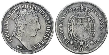 NAPOLI. REGNO DELLE DUE SICILIE. Ferdinando I di Borbone (1816-1825). Piastra 120 grana 1818 "Testa grande". Ag; 27,5gr; Gig.6a; BB