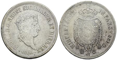 NAPOLI. REGNO DELLE DUE SICILIE. Ferdinando I di Borbone (1816-1825). Piastra 120 grana 1818 "Testa piccola". Ag; 27,5gr; Gig.9; BB