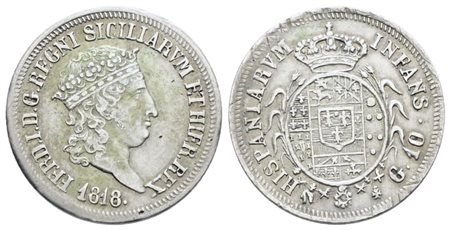 NAPOLI. REGNO DELLE DUE SICILIE. Ferdinando I di Borbone (1816-1825). Carlino 10 grana 1818. Ag; 2,29gr; Gig.14; NC; Q.SPL