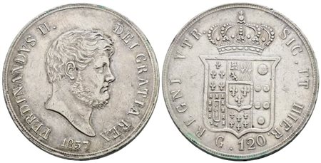 NAPOLI. REGNO DELLE DUE SICILIE. Ferdinando II di Borbone (1830-1859). Piastra 120 grana 1857. Ag; 27,5gr; Gig.88; BB/SPL