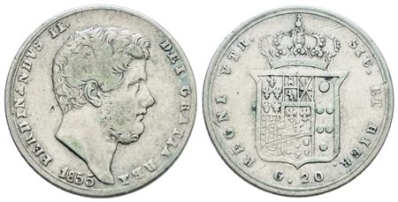NAPOLI. REGNO DELLE DUE SICILIE. Ferdinando II di Borbone (1830-1859). Tarì 20 grana 1855. Ag; 4,59gr; Gig.139; BB+