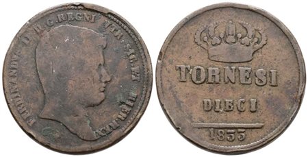NAPOLI. REGNO DELLE DUE SICILIE. Ferdinando II di Borbone (1830-1859). 10 tornesi 1833 "C. liscio". Cu; 31,1gr; Gig.184a; Raro; MB