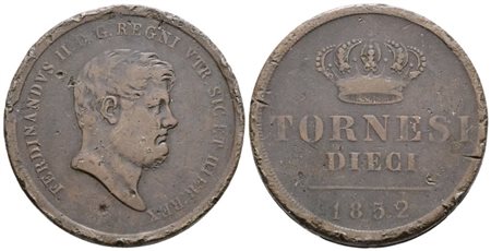 NAPOLI. REGNO DELLE DUE SICILIE. Ferdinando II di Borbone (1830-1859). 10 tornesi 1852. Cu; 31,1gr; Gig.203; RR; MB, colpetti