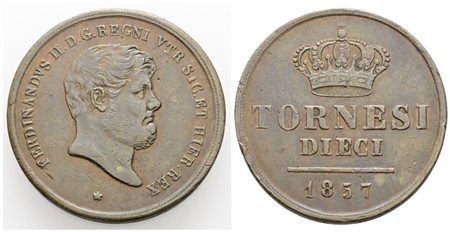 NAPOLI. REGNO DELLE DUE SICILIE. Ferdinando II di Borbone (1830-1859). 10 tornesi 1857. Cu; 31gr; Gig.208; BB+