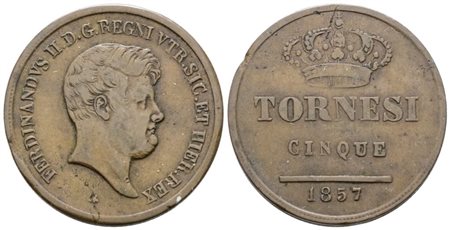 NAPOLI. REGNO DELLE DUE SICILIE. Ferdinando II di Borbone (1830-1859). 5 tornesi 1857. Cu; 15,5gr; Gig.229; BB