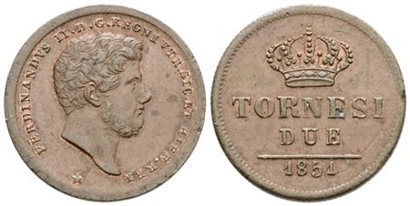 NAPOLI. REGNO DELLE DUE SICILIE. Ferdinando II di Borbone (1830-1859). 2 tornesi 1851. Cu; 6,2gr; Gig.255; NC; SPL/FDC