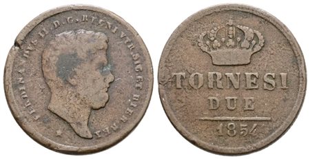 NAPOLI. REGNO DELLE DUE SICILIE. Ferdinando II di Borbone (1830-1859). 2 tornesi 1854. Cu; 6,2gr; Gig.258; Raro; MB