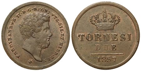 NAPOLI. REGNO DELLE DUE SICILIE. Ferdinando II di Borbone (1830-1859). 2 tornesi 1857. Gig. 261; Cu; 5,65gr; 24,2mm. Rame rosso  qFDC