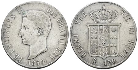 NAPOLI. REGNO DELLE DUE SICILIE. Francesco II di Borbone (1859-1860). Piastra 120 grana 1859. Ag; 27,5gr; Gig.1; Q.BB