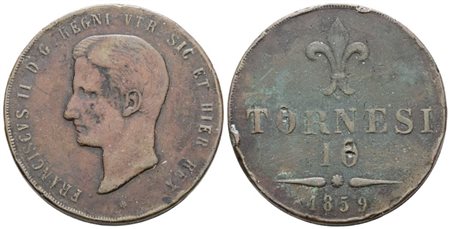 NAPOLI. REGNO DELLE DUE SICILIE. Francesco II di Borbone (1859-1860). 10 tornesi 1859 (ROMA - \\\\\). Cu; 31gr; Gig.4b; Raro; MB