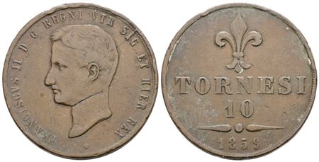 NAPOLI. REGNO DELLE DUE SICILIE. Francesco II di Borbone (1859-1860). 10 tornesi 1859. Cu; 31gr; Gig.4; MB, graffio