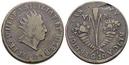 PALERMO. REGNO DI SICILIA. Ferdinando III di Borbone (1759-1816). 10 grani 1815. Cu; 31gr; Gig.80a; MB+, mancanza di metallo