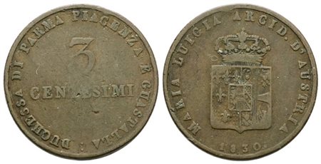 PARMA. Maria Luigia d'Austria (1815-1847). 3 centesimi 1830. Cu; 6gr; Gig. 14; RR; MB/BB