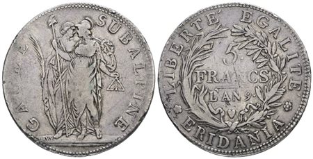 TORINO. Repubblica Subalpina (1800-1802). 5 franchi anno 9. Ag; 25gr; Gig.3; Q.BB
