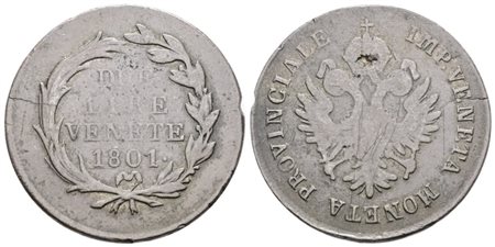 VENEZIA. PROVINCIA VENETA. Francesco II d'Asburgo (1797-1805). 2 lire 1801. Mi; 9gr; Gig.4; Raro; MB