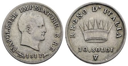 VENEZIA. Regno d'Italia. Napoleone I (1805-1814). 10 soldi 1811. Ag; 2,5gr; Gig.179; RRR; BB+