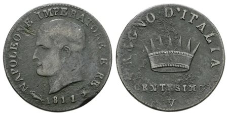 VENEZIA. Regno d'Italia. Napoleone I (1805-1814). 1 centesimo 1811. Cu; 2,1gr; Gig. 244; Raro; MB