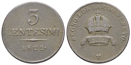 VENEZIA. REGNO LOMBARDO VENETO. Francesco I d'Asburgo (1815-1835). 3 centesimi 1822. Cu; 5,25gr; Gig.95; Raro; BB