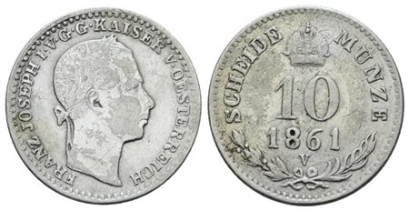 VENEZIA. REGNO LOMBARDO VENETO. Francesco Giuseppe (1848-1866). 10 kreuzer 1861. Ag; 2gr; Gig.109; Raro; BB