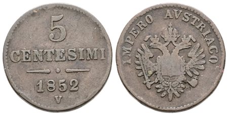 VENEZIA. REGNO LOMBARDO VENETO. Francesco Giuseppe (1848-1866). 5 centesimi 1852. Cu; 5,47gr; Gig.31; NC; MB/BB