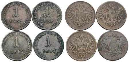 VENEZIA. REGNO LOMBARDO VENETO. Francesco Giuseppe (1848-1866). Lotto di 4 monete da 1 soldo 1862 A, B. Cu; Conservazioni varie