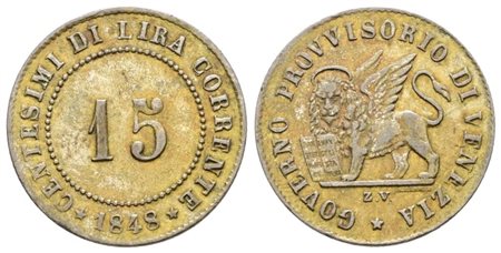 VENEZIA. GOVERNO PROVVISORIO (1848-1849). 15 centesimi 1848. Mi; 1,6gr; Gig.8; BB+
