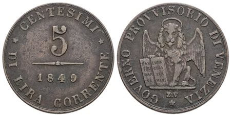 VENEZIA. GOVERNO PROVVISORIO (1848-1849). 5 centesimi 1849. Cu; 5gr; Gig.9; BB+