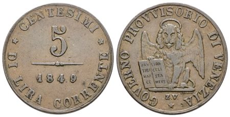 VENEZIA. GOVERNO PROVVISORIO (1848-1849). 5 centesimi 1849. Cu; 5gr; Gig.9; BB/SPL