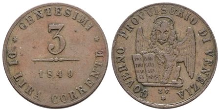 VENEZIA. GOVERNO PROVVISORIO (1848-1849). 3 centesimi 1849. Cu; 3gr; Gig.11; BB+