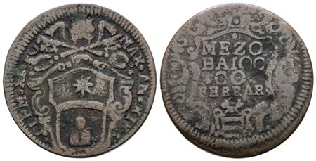 STATO PONTIFICIO. FERRARA. Clemente XI (1700-1721). Mezzo baiocco 1719 a.XIX. Cu; 6gr; Munt.248; MIR 2371/1 ; MB