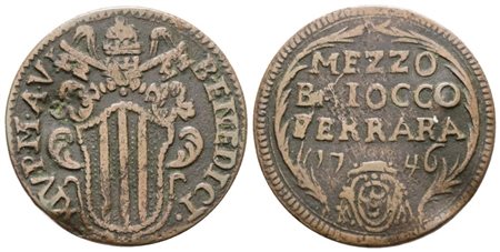 STATO PONTIFICIO. FERRARA. Benedetto XIV (1740-1758). Mezzo baiocco 1746. Cu; 5,9gr; Munt.282; MIR 2648/12; BB+
