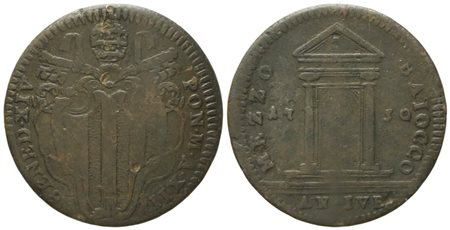 STATO PONTIFICIO. ROMA. Benedetto XIV (1740-1758). Mezzo baiocco 1750, anno XII "Giubileo". Munt.205b; Cu; 6,03gr; 27mm. Raro. BB 