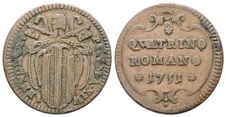 STATO PONTIFICIO. ROMA. Benedetto XIV (1740-1758). Quattrino 1751 a.XII. Cu; 2,3gr; Munt.213; MIR 2625/1; Raro; BB+