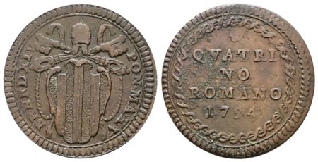 STATO PONTIFICIO. ROMA. Benedetto XIV (1740-1758). Quattrino 1754 a.XV. Cu; 2,3gr; Munt.216a; MIR 2625/6; Raro; BB/SPL