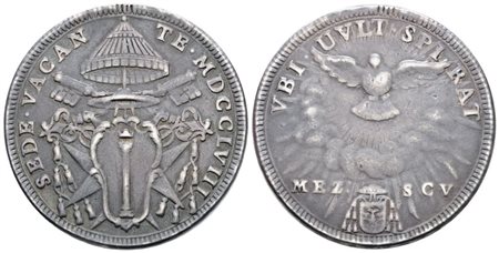 STATO PONTIFICIO. ROMA. Sede vacante 1758. Mezzo scudo 1758. Ag; 13gr; Munt.3; MIR 2697/1; Raro; MB+, ex mount.