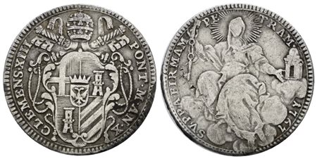 STATO PONTIFICIO. ROMA. Clemente XIII (1758-1769). Doppio giulio, quinto di scudo 1767, anno X. Ag; 5gr; Munt.16c; MIR 2710/4; RR; Q.BB