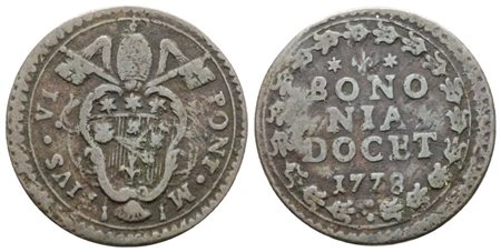 STATO PONTIFICIO. BOLOGNA. Pio VI (1775-1799). Quattrino 1778. Cu; 2,3gr; Munt.281; MIR 2855/2; RR; BB
