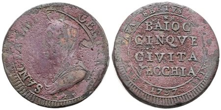 STATO PONTIFICIO. CIVITAVECCHIA. Pio VI (1775-1799). Madonnina da 5 baiocchi 1797. Cu; 16,9gr; Munt.304; MIR 2899/1; NC; MB/BB